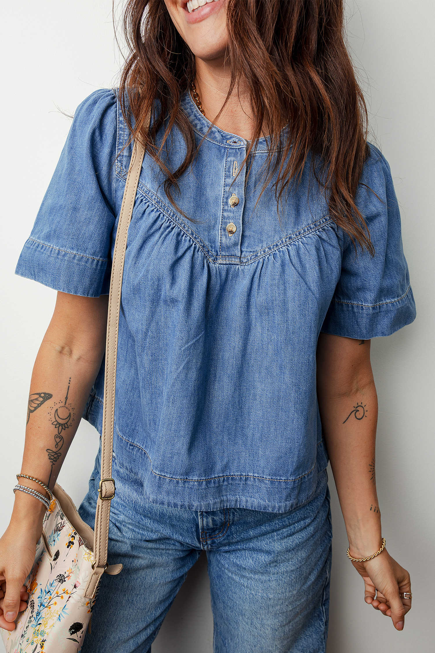 Beau Blue Seam Pleated Detail Half Button Short Sleeve Denim Top