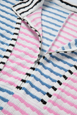 Multicolour Striped Color Block Patchwork Half Zip Drop Shoulder Long Sleeve Top