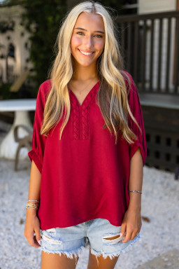 Racing Red Braided Trim V Neck Half Sleeve Blouse