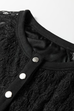 Black Sheer Lace Long Sleeve Slim Henley Top