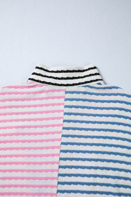 Multicolour Striped Color Block Patchwork Half Zip Drop Shoulder Long Sleeve Top