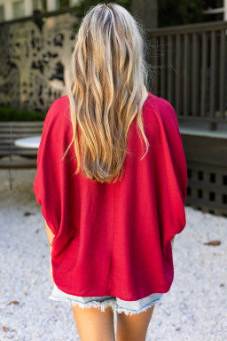 Racing Red Braided Trim V Neck Half Sleeve Blouse