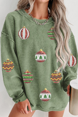 Grass Green Corded Rib Sequin Patched Christmas Ornament Bulb Graphic Sweatshirt