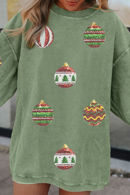 Grass Green Corded Rib Sequin Patched Christmas Ornament Bulb Graphic Sweatshirt