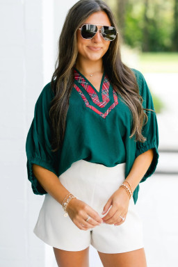 Evergreen Contrast Plaid Patchwork V Neck Half Sleeve Blouse