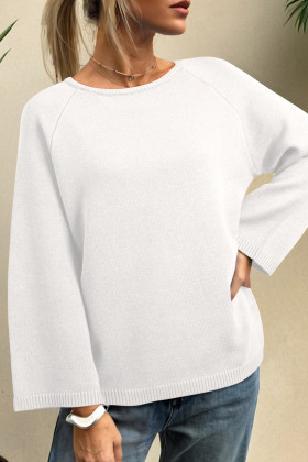 White Solid Color Knit Loose Bracelet Sleeve Dolman Sweater
