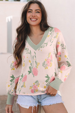 Pink Floral Striped Colorblock V Neck Loose Sweater