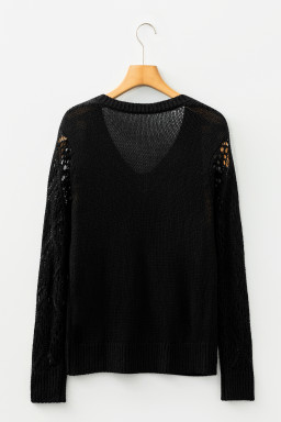 Black Solid V Neck Pointelle Knit Sleeve Patchwork Sweater