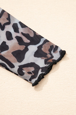 Brown Leopard Mock Neck Mesh Long Sleeve Top