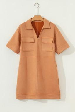 Thai Curry Collared V Neck Faux Suede Short Sleeve Shift Mini Dress