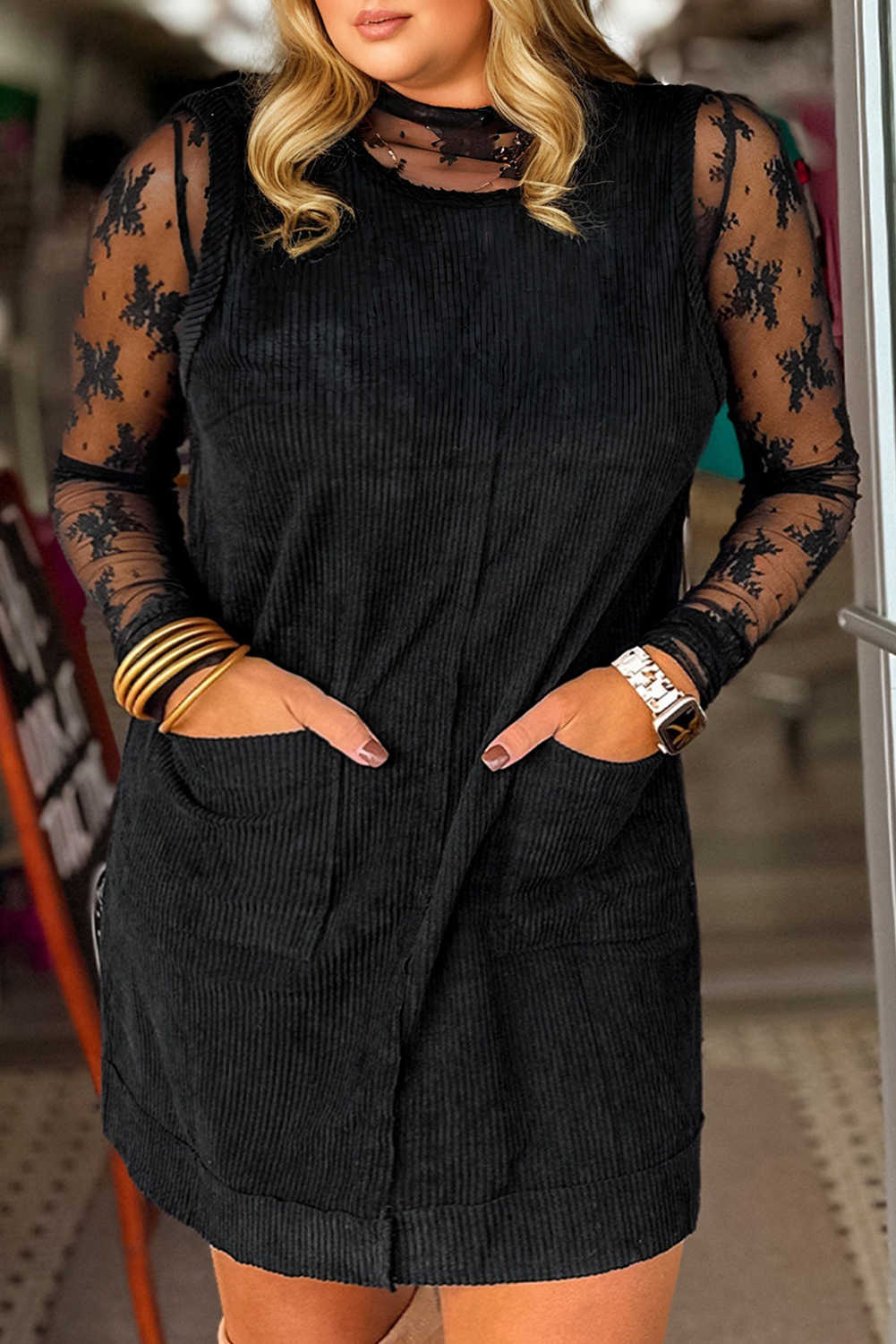 Black Plus Size Corduroy Patch Pocket Sleeveless Mini Dress