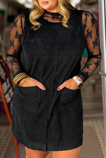 Vestit mini sense mànigues de pana negre de talla gran amb butxaca de pegat