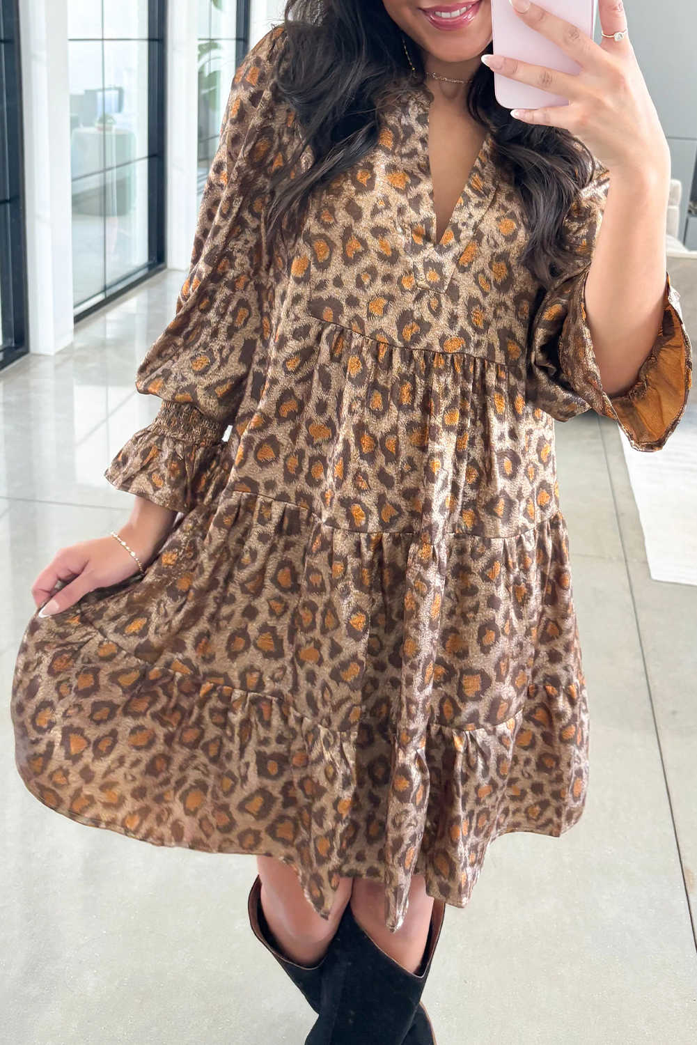 Khaki Leopard Print V Neck Ruffled Sleeve Tiered Loose Mini Dress