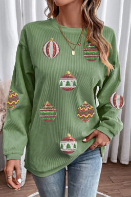 Grass Green Corded Rib Sequin Patched Christmas Ornament Bulb Graphic Sweatshirt
