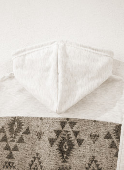 Gray Western Aztec Print Color Block Patchwork Drawstring Hooded Shacket