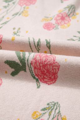 Pink Floral Striped Colorblock V Neck Loose Sweater