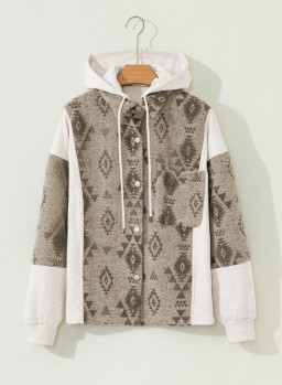 Gray Western Aztec Print Color Block Patchwork Drawstring Hooded Shacket