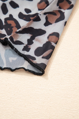 Brown Leopard Mock Neck Mesh Long Sleeve Top