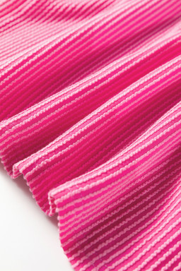 Bright Pink Twisted Ribbed Color Block Patchwork Henley Short Sleeve T Shirt