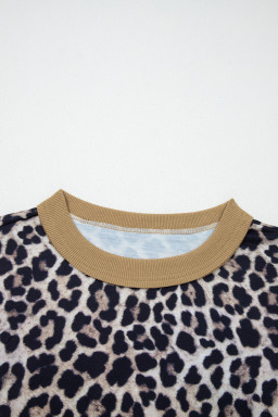 Brown Leopard Print Color Block Patchwork 3/4 Sleeve Loose Top