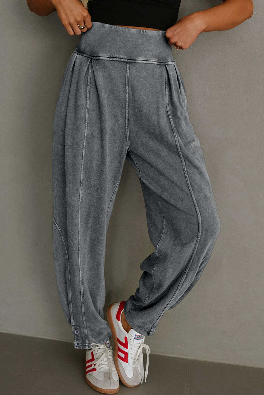 Medium Grey Mineral Wash Jogger Style High Waist Pants