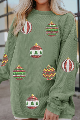 Grass Green Corded Rib Sequin Patched Christmas Ornament Bulb Graphic Sweatshirt