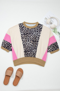 Brown Leopard Print Color Block Patchwork 3/4 Sleeve Loose Top
