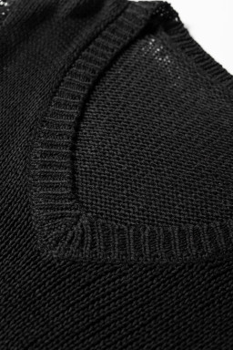 Black Solid V Neck Pointelle Knit Sleeve Patchwork Sweater