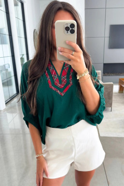 Evergreen Contrast Plaid Patchwork V Neck Half Sleeve Blouse