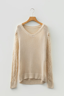 Jet Stream Solid V Neck Pointelle Knit Sleeve Patchwork Sweater
