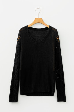 Black Solid V Neck Pointelle Knit Sleeve Patchwork Sweater