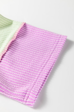 Bright Pink Twisted Ribbed Color Block Patchwork Henley Short Sleeve T Shirt