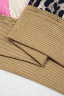 Brown Leopard Print Color Block Patchwork 3/4 Sleeve Loose Top