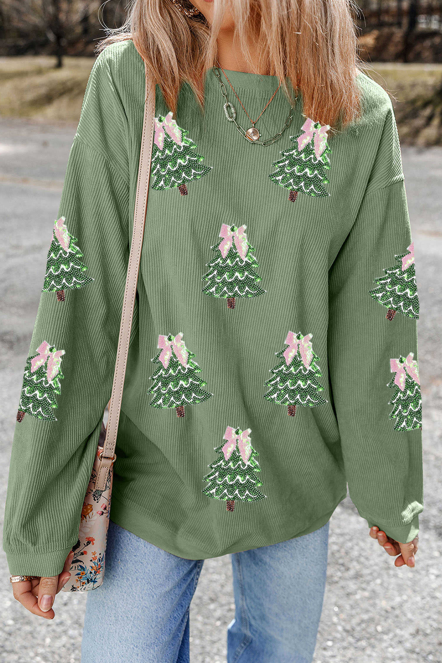 Grass Green Twisted Ribbed Texture Ribbon Bow Christmas Tree Sequin Graphic Sweatshirt