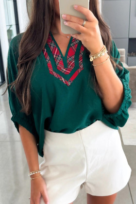 Evergreen Contrast Plaid Patchwork V Neck Half Sleeve Blouse