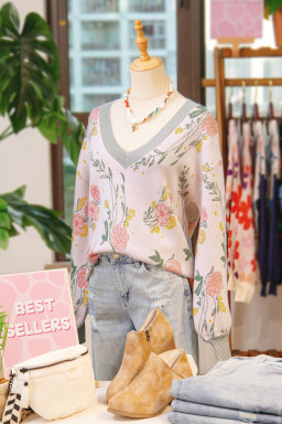 Pink Floral Striped Colorblock V Neck Loose Sweater