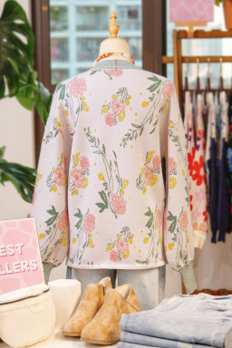 Pink Floral Striped Colorblock V Neck Loose Sweater