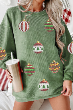 Grass Green Corded Rib Sequin Patched Christmas Ornament Bulb Graphic Sweatshirt