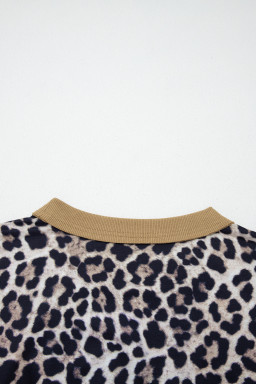 Brown Leopard Print Color Block Patchwork 3/4 Sleeve Loose Top