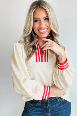 White Textured Knit Contrast Striped Accent Zipped Collar Pullover Top