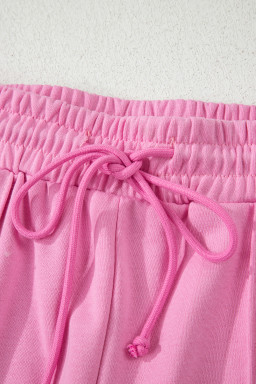 Bright Pink Polo Collar V Neck Pullover and Drawstring Sweatpants Set
