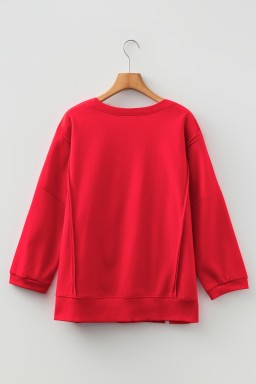 Fiery Red Floral Bow Patched Exposed Seam Patchwork Slit Baggy Sweatshirt