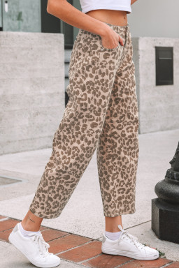 Khaki Leopard Print Straight Loose Jeans
