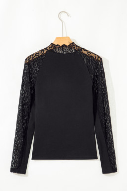 Black Leopard Mesh Patchwork Knit Long Sleeve Top