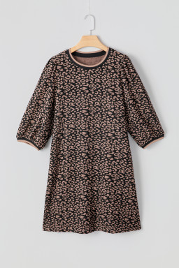 Black Leopard Print Bubble Sleeve Shift Mini Dress