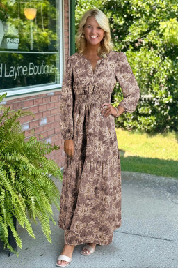 Brown Floral Print Smocked High Waist Long Sleeve Maxi Dress