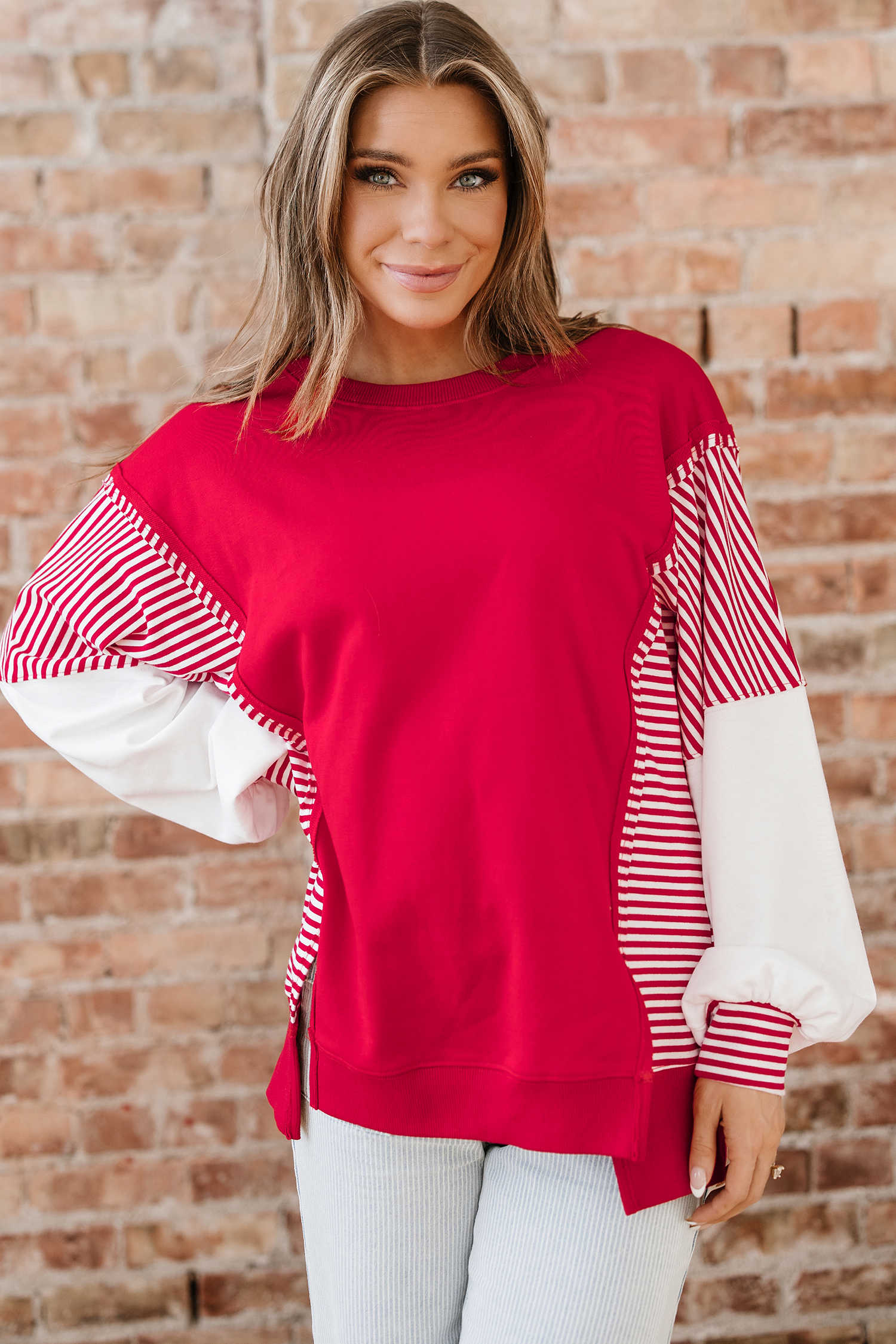 Fiery Red Striped Patchwork Sleeve Colorblock Sweatshirt
