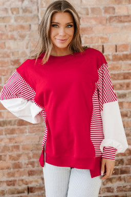 Fiery Red Striped Patchwork Sleeve Colorblock Sweatshirt