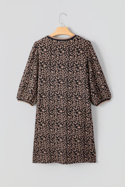 Black Leopard Print Bubble Sleeve Shift Mini Dress