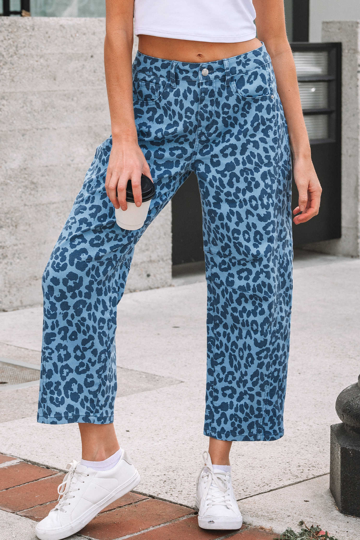Sky Blue Leopard Print Straight Loose Jeans